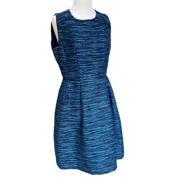 Shoshanna Monique Metallic Jacquard Tweed Teal Sleeveless Fit Flare Dress Sz 6 - Picture 4 of 10